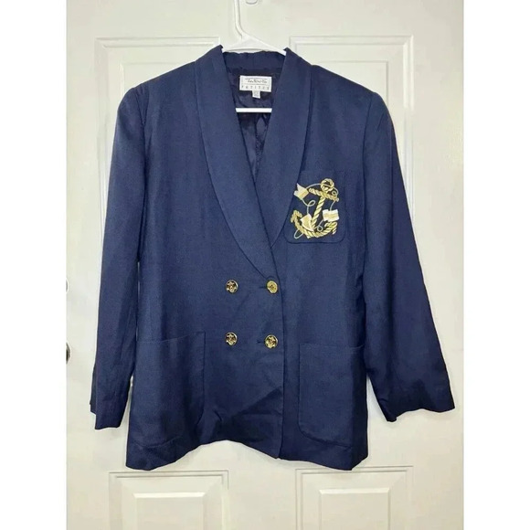 TALBOTS VINTAGE Women Petite Navy Double Breasted Nautical Blazer Jacket Linen 6 - Picture 3 of 11